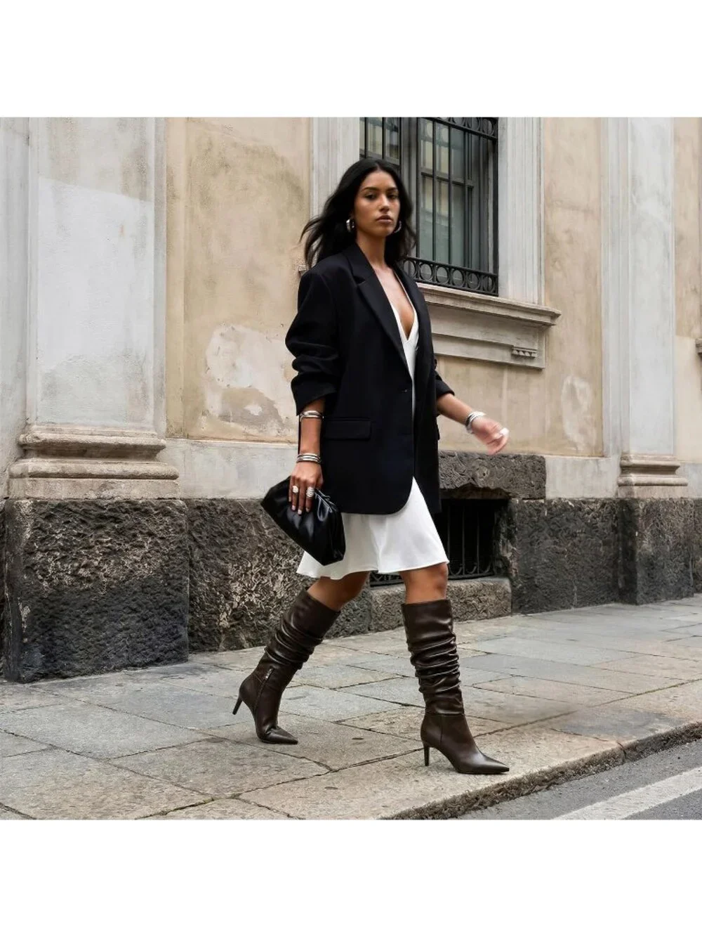 Women Slouchy Chocolate Pointed Toe Faux Leather StilettoHeel Over The Knee Boot